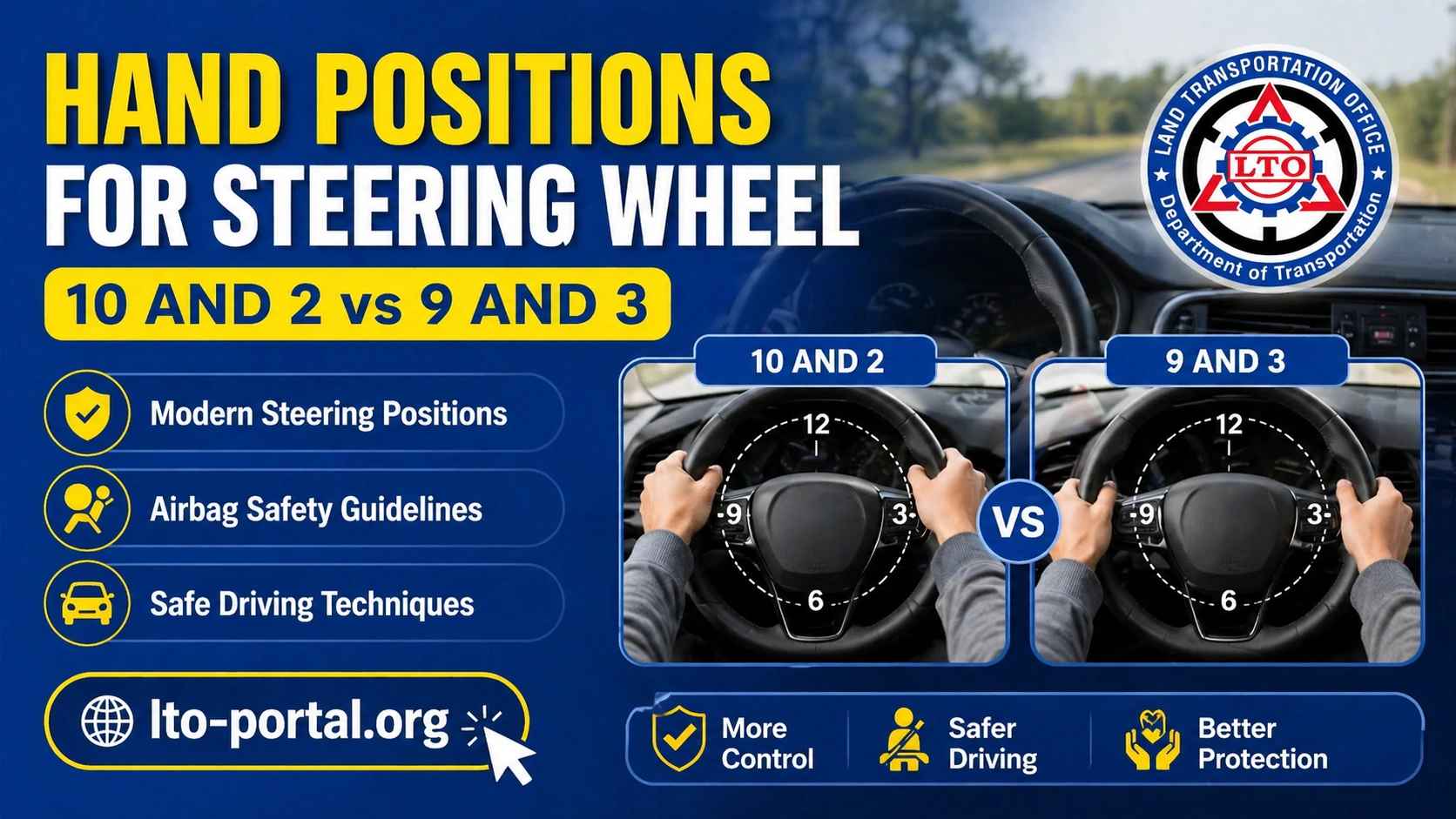Hand Positions for Steering Wheel: 10 and 2 vs 9 and 3